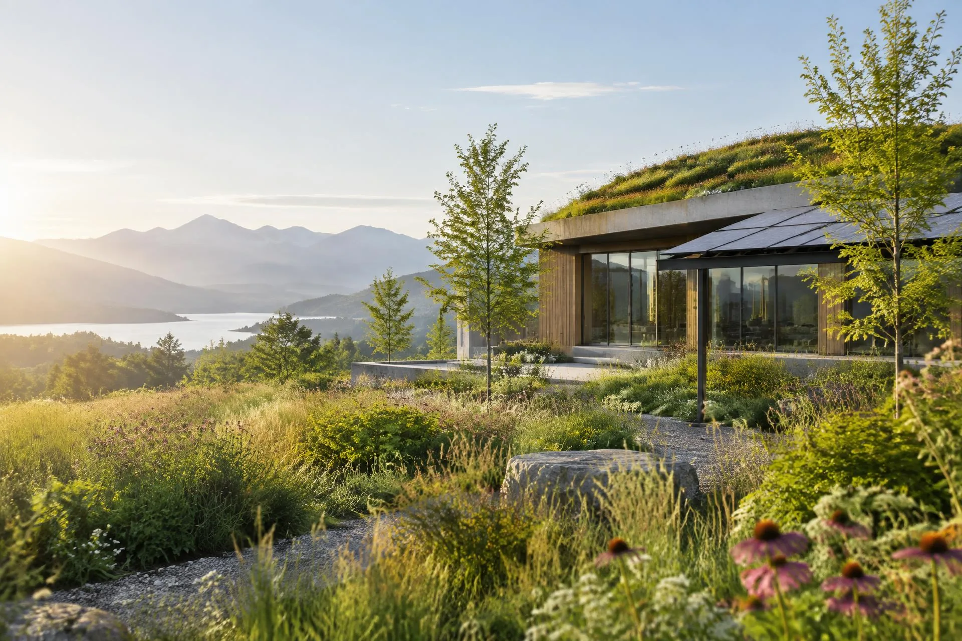 Green-roofed sustainable home surrounded by a biodiverse mountain landscape